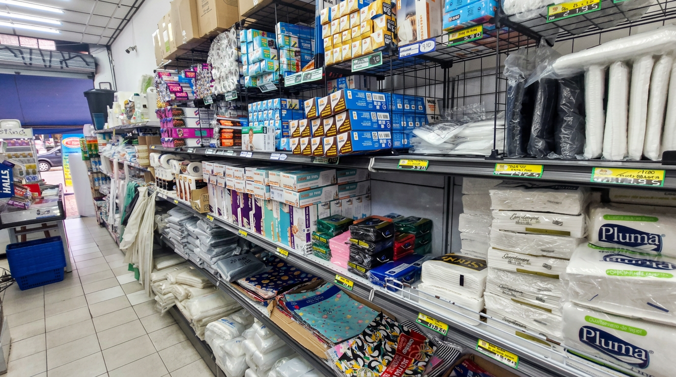 Depósito da Tuttipel com embalagens, descartáveis e produtos de limpeza organizados em prateleiras
